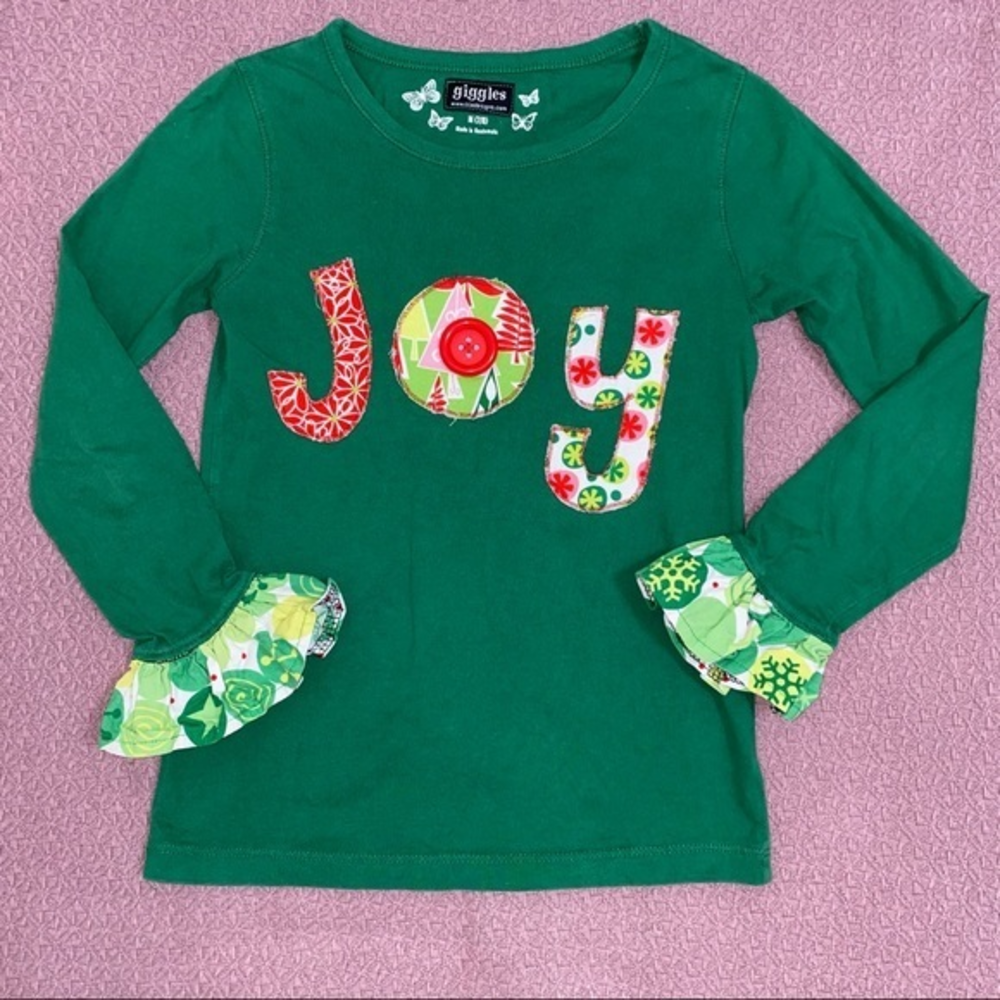 Holiday shirt for girls‎ JOY M (7/8) green with appliqué and ruffles